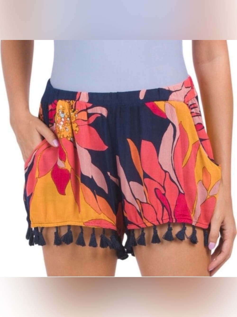 Trina Turk Womens Sheer Shorts Lightweight Tasseled Elastic Waist Multi Floral